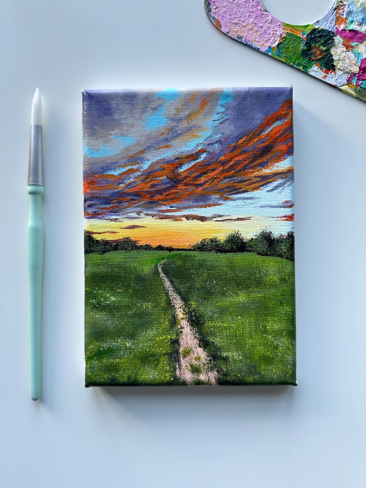 Pathway through Valley and Dark Cloudy Sunset Sky Acrylic Painting on Canvas