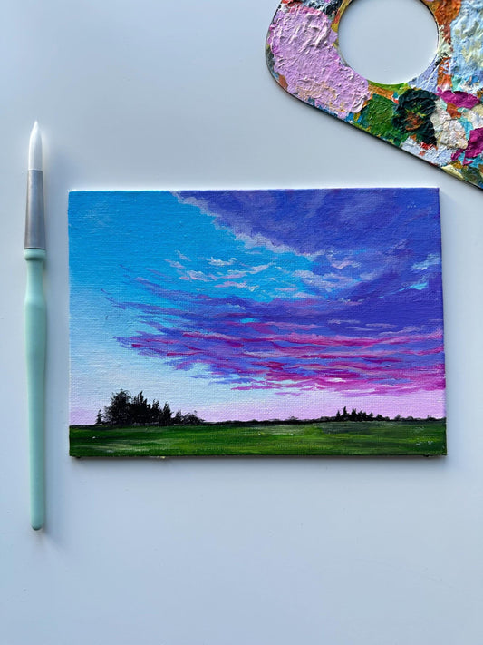 Blue Pink Clouds and forest painting on canvas board
