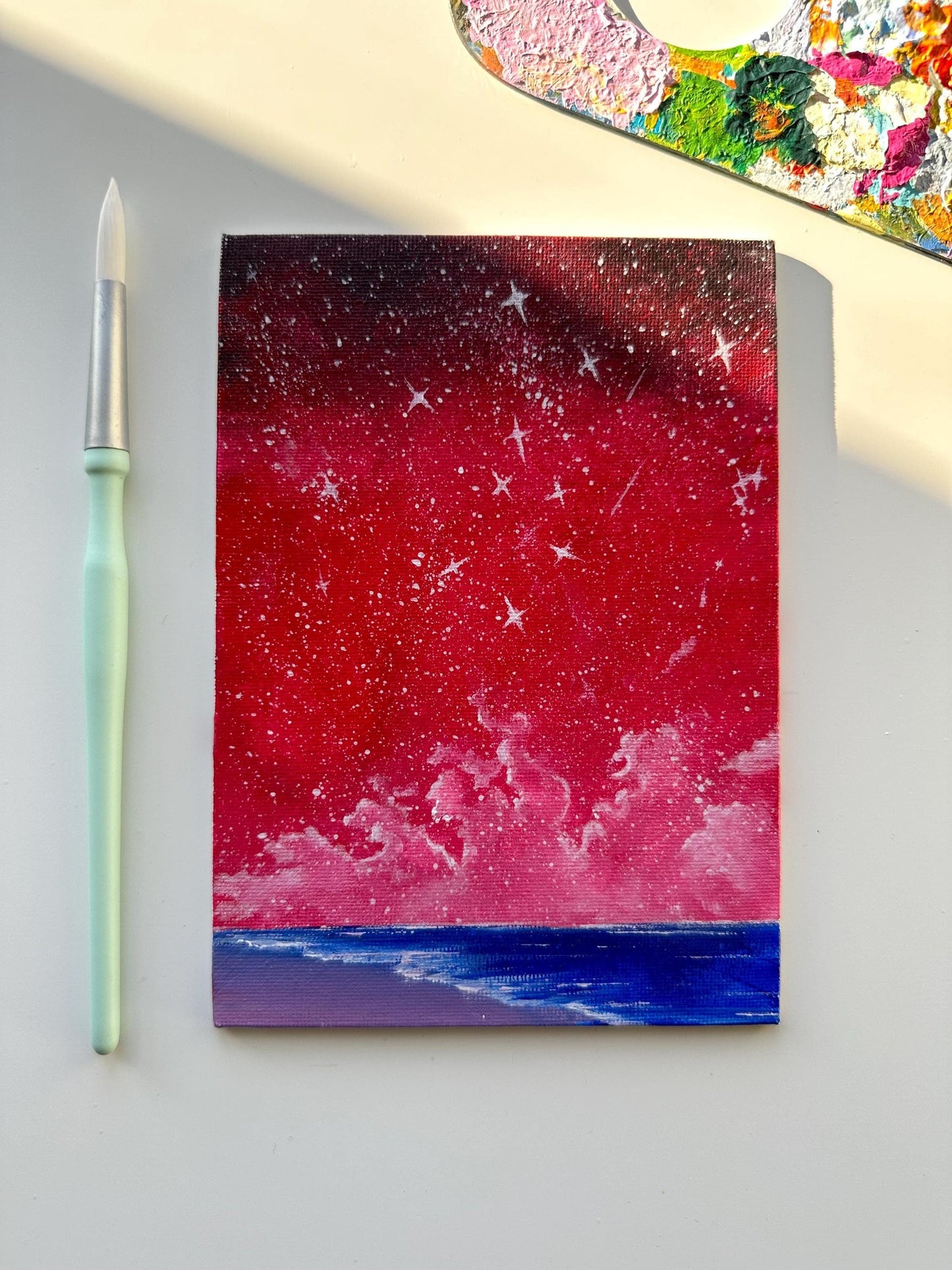 Dreamy Red Night Acrylic Sea Painting on Canvas Board