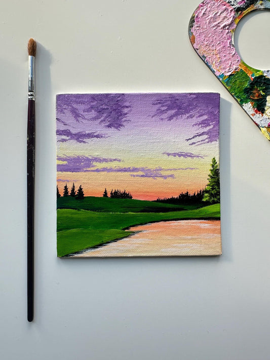 Miniature Landscape Painting: Original Acrylic Green Valley, Purple Sky (5x5)