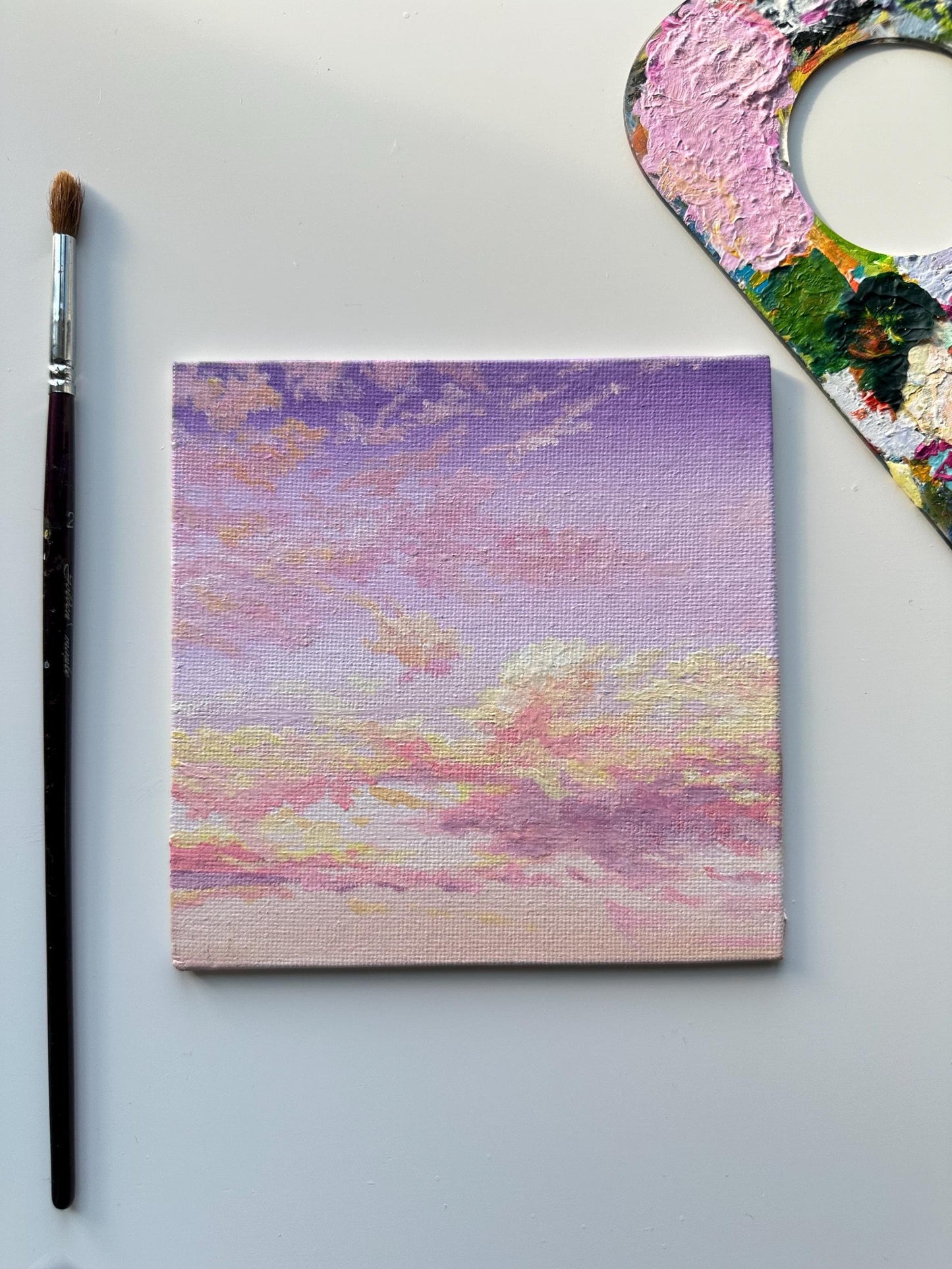 Miniature Pink & Purple Sky Painting: Hand-Painted Atmospheric Art (5" x 5")