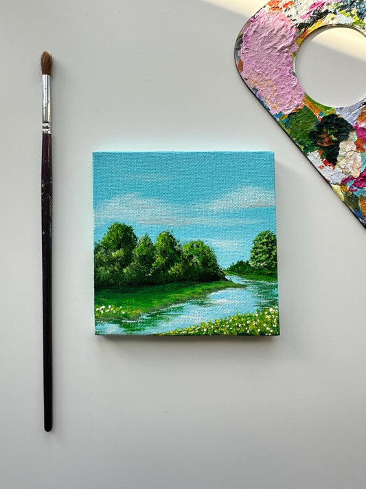 Original River Landscape Acrylic Painting: 4"x4" Tiny Canvas Art