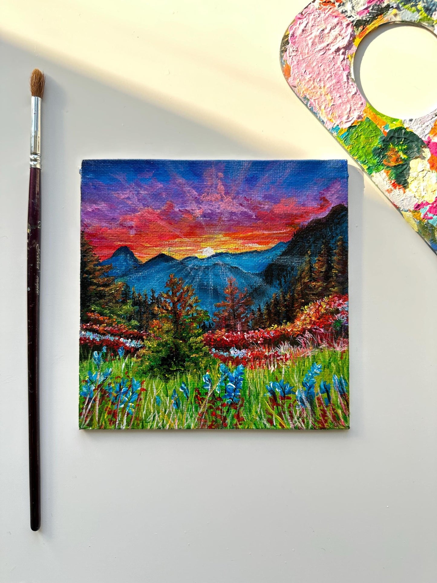 Miniature Flower Garden Painting: Original Acrylic Mountain Landscape Art (5x5)