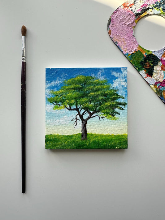 Original Acrylic Tree Painting: Small Nature Landscape Art (4x4 inch)