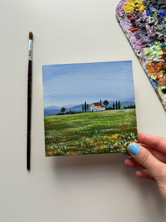 Original Flower Field Acrylic Painting: Farmhouse Landscape (5"x5" Canvas)