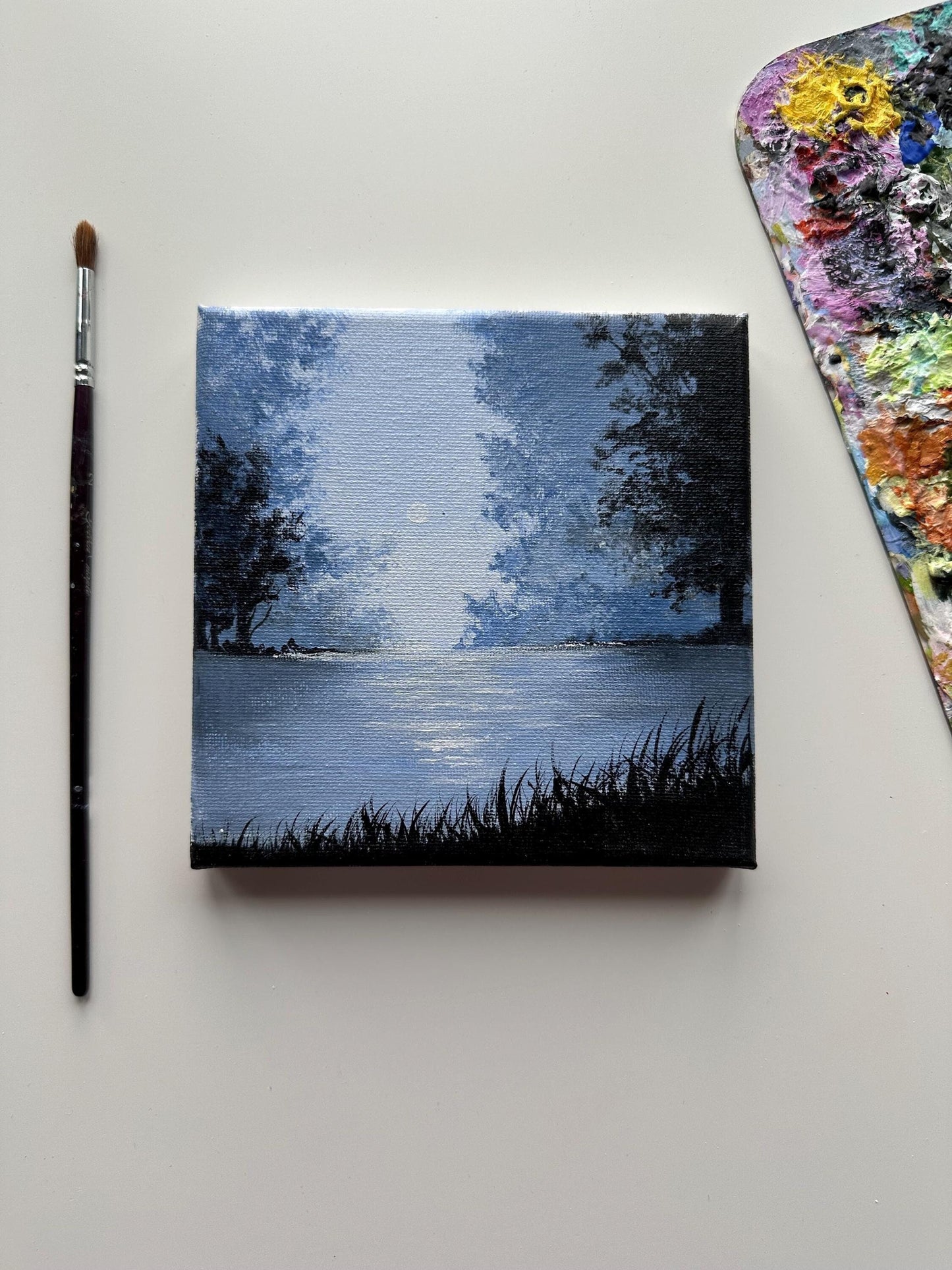 Moonlit Lake Acrylic Painting: Foggy Forest Landscape, Minimalist Art (6x6)