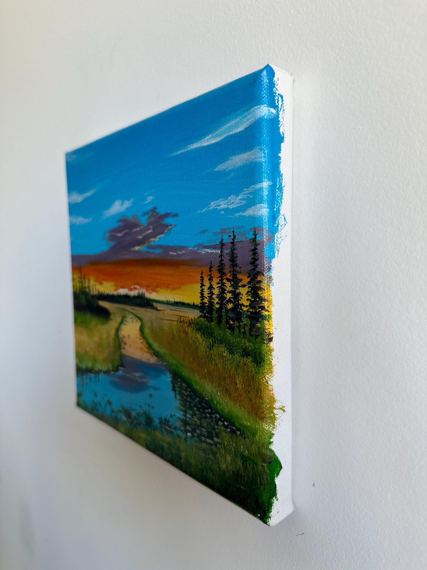 Original River Landscape Acrylic Painting: 8"x8" Nature Art