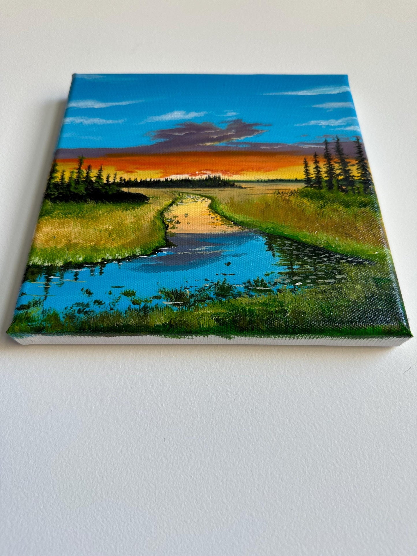 Original River Landscape Acrylic Painting: 8"x8" Nature Art