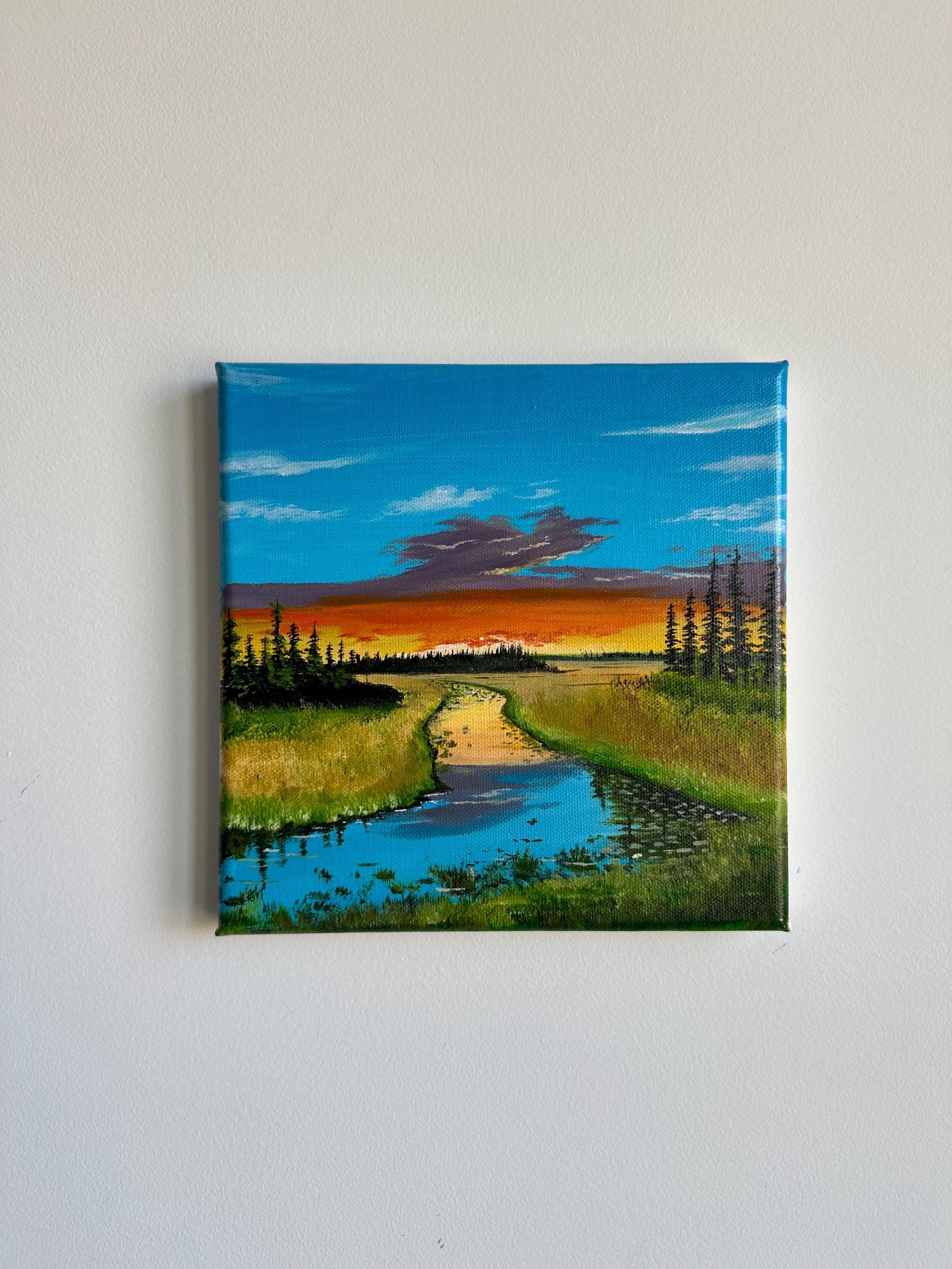 river, grass valley, pine tree forest painting on canvas