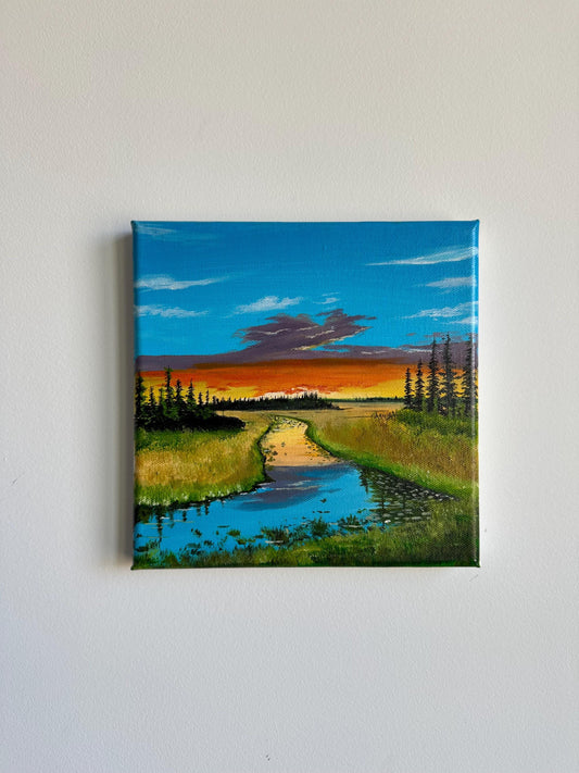 river, grass valley, pine tree forest painting on canvas