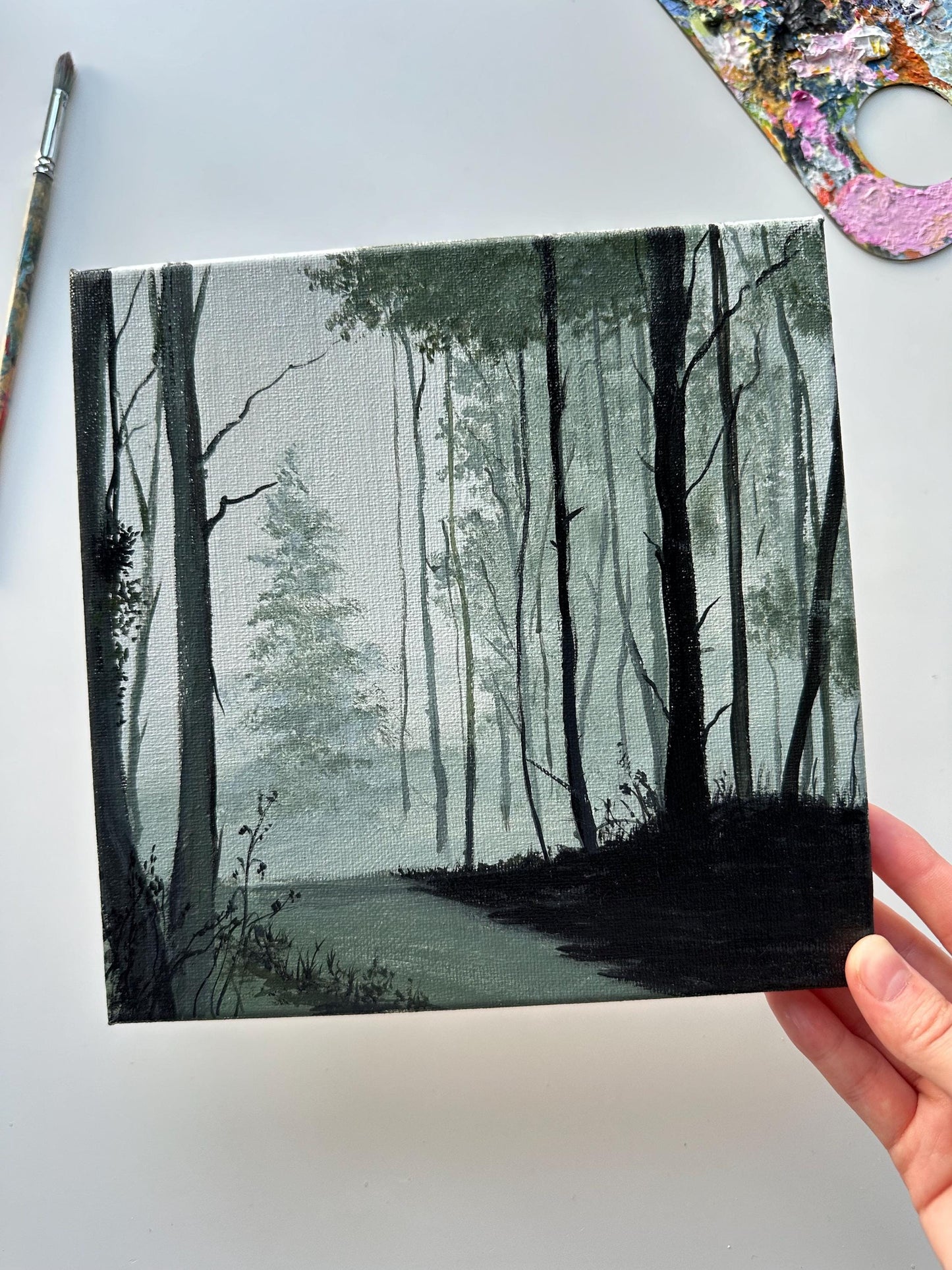 Original Foggy Woods Acrylic Painting: 8" x 8" Landscape Art