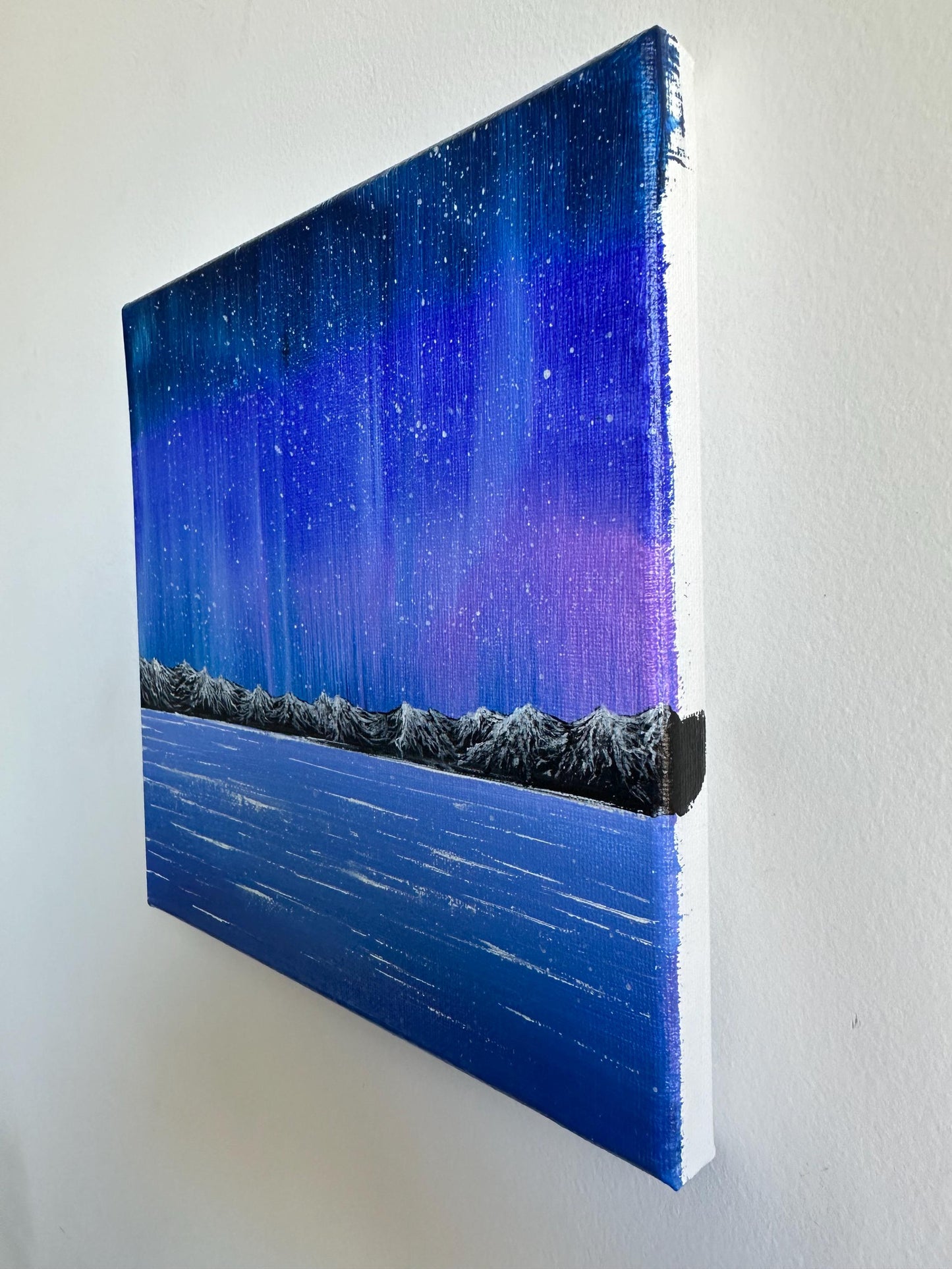 Original Aurora Acrylic Painting: Mountain & Sea Landscape, 8x8 Canvas