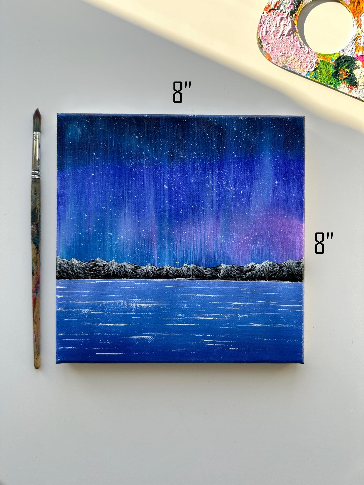 Original Aurora Acrylic Painting: Mountain & Sea Landscape, 8x8 Canvas