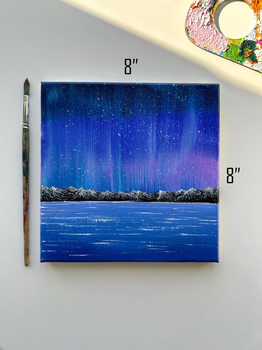 Original Aurora Acrylic Painting: Mountain & Sea Landscape, 8x8 Canvas