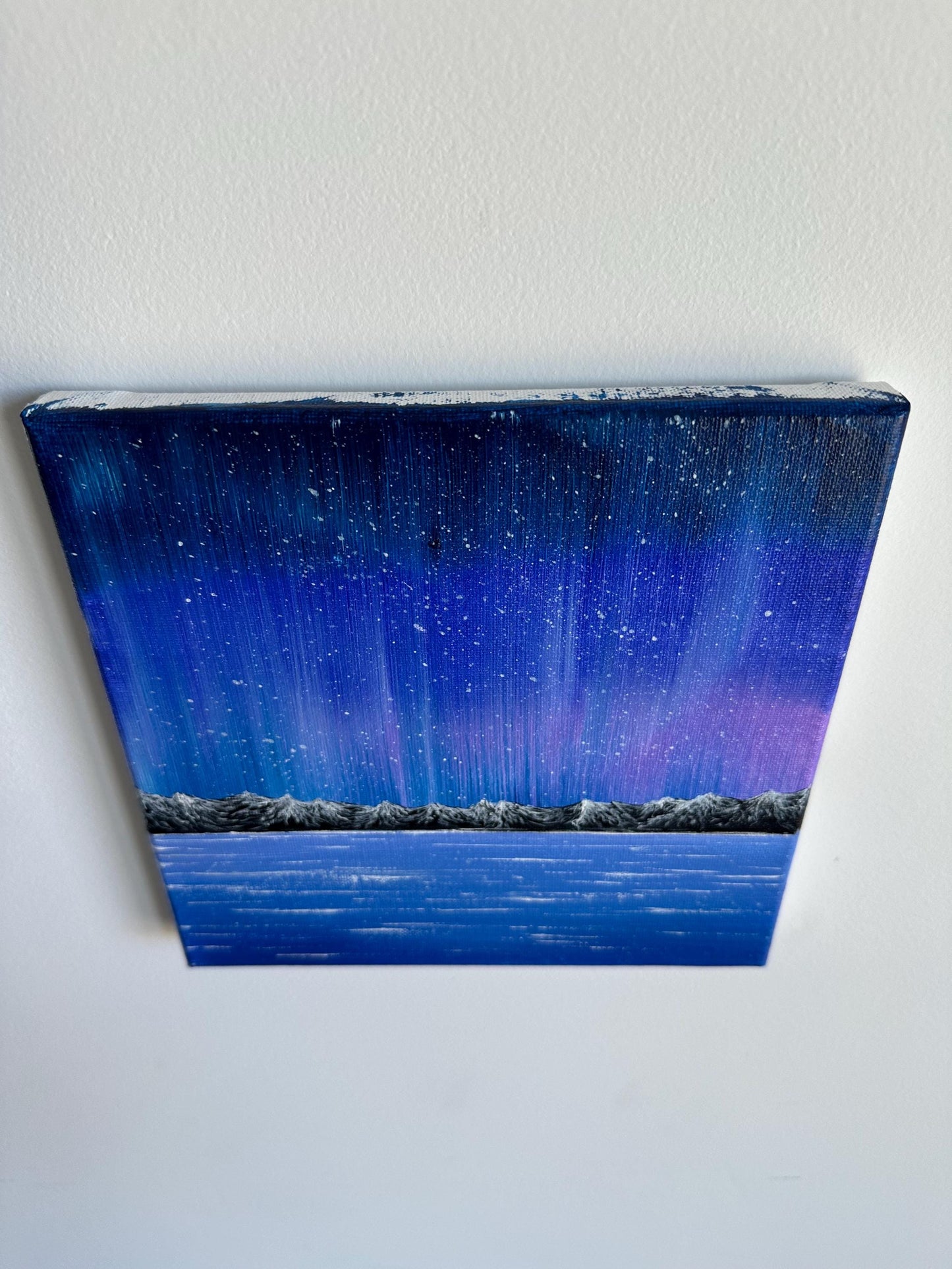Original Aurora Acrylic Painting: Mountain & Sea Landscape, 8x8 Canvas