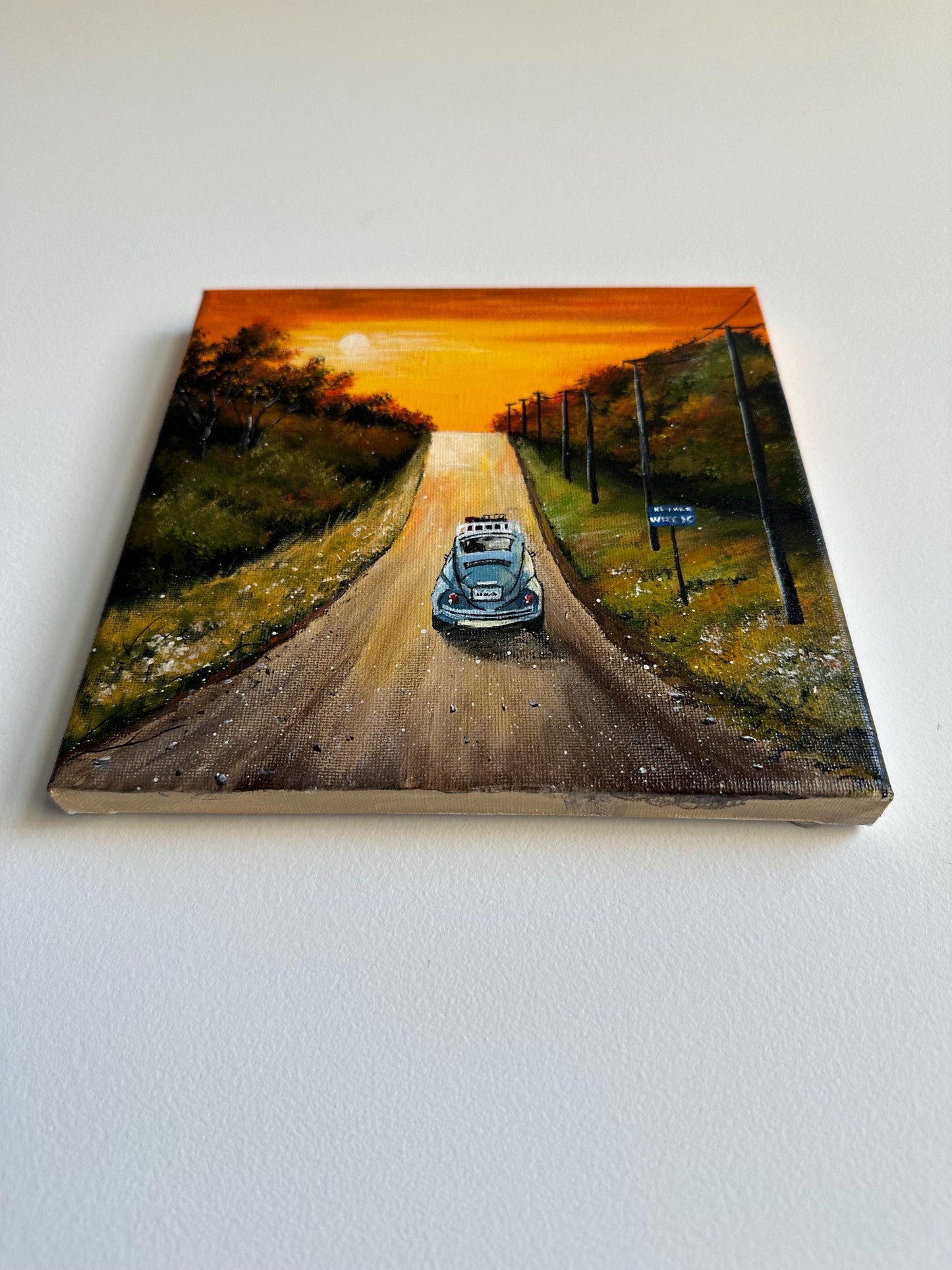 Vintage Car Sunset Painting: Original Acrylic Landscape Art (8x8)