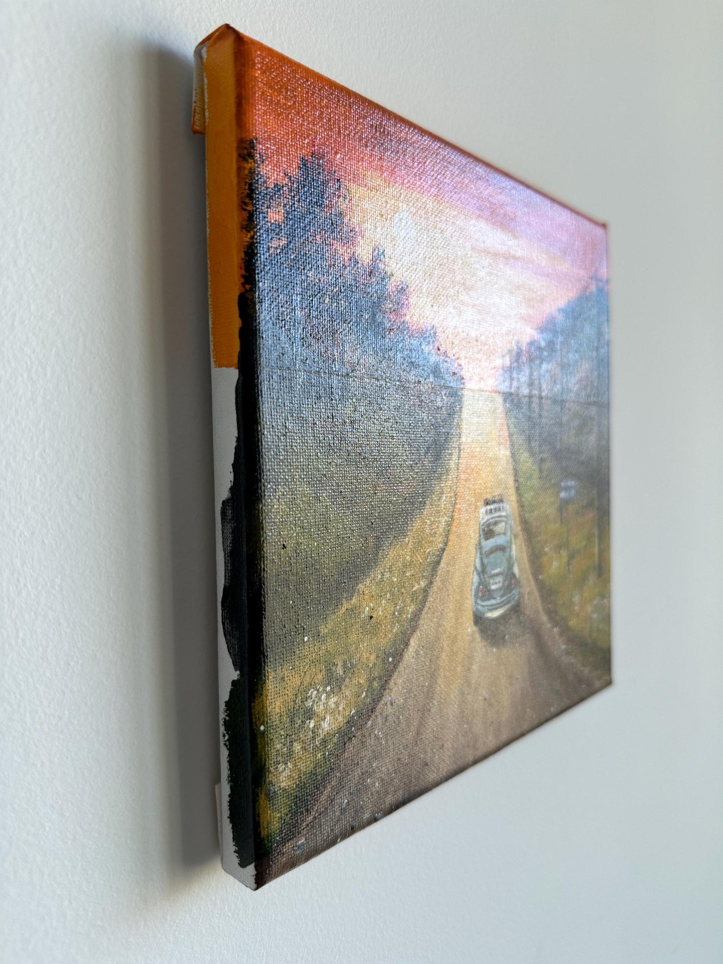 Vintage Car Sunset Painting: Original Acrylic Landscape Art (8x8)