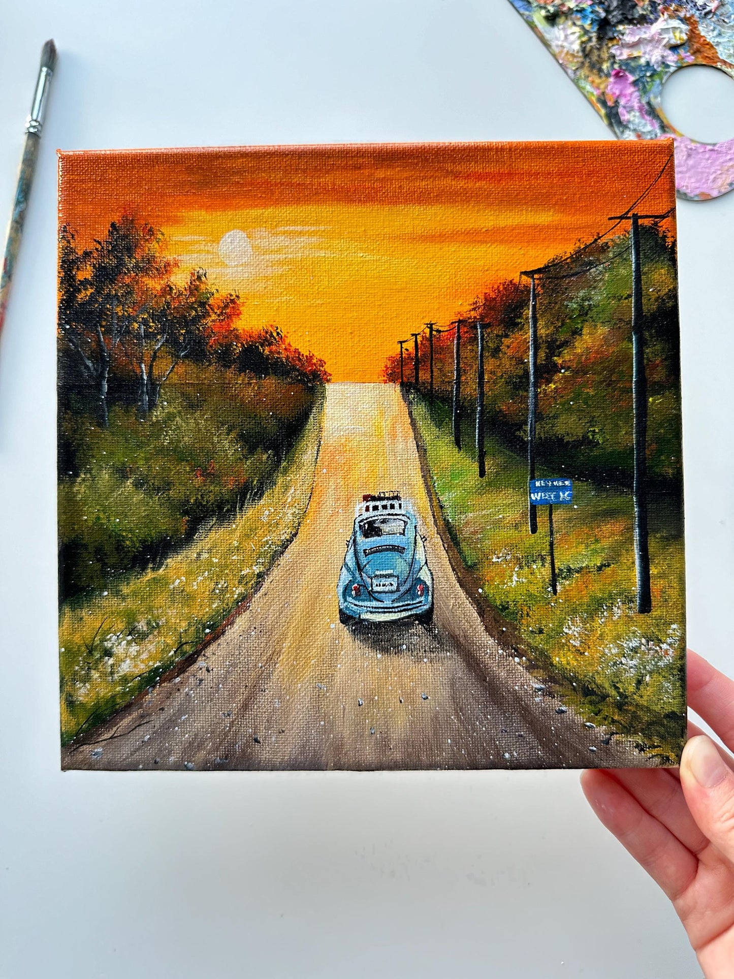 Vintage Car Sunset Painting: Original Acrylic Landscape Art (8x8)