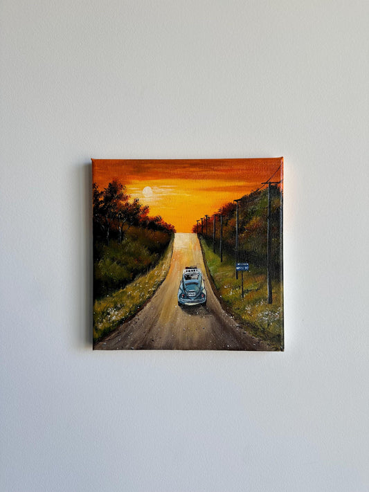 A VosVos Car is Heading northRoadside Sunset Painting Acylic on Canvas
