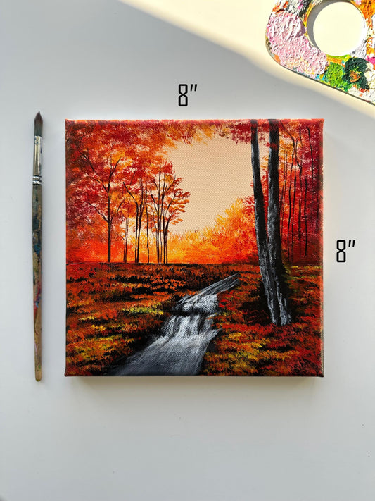 Original Fall Forest Acrylic Painting: Flowing River Landscape, 8x8