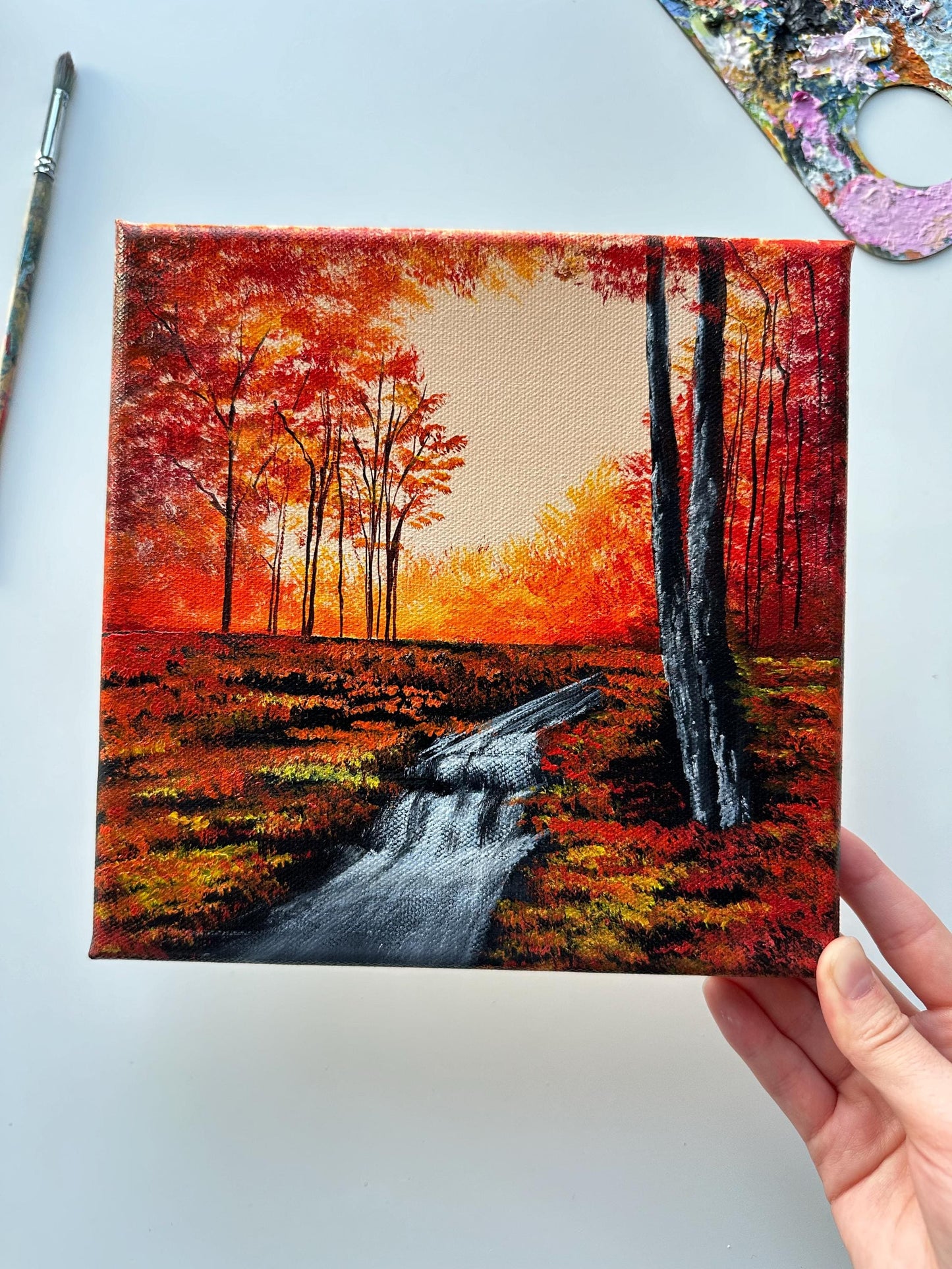 Original Fall Forest Acrylic Painting: Flowing River Landscape, 8x8