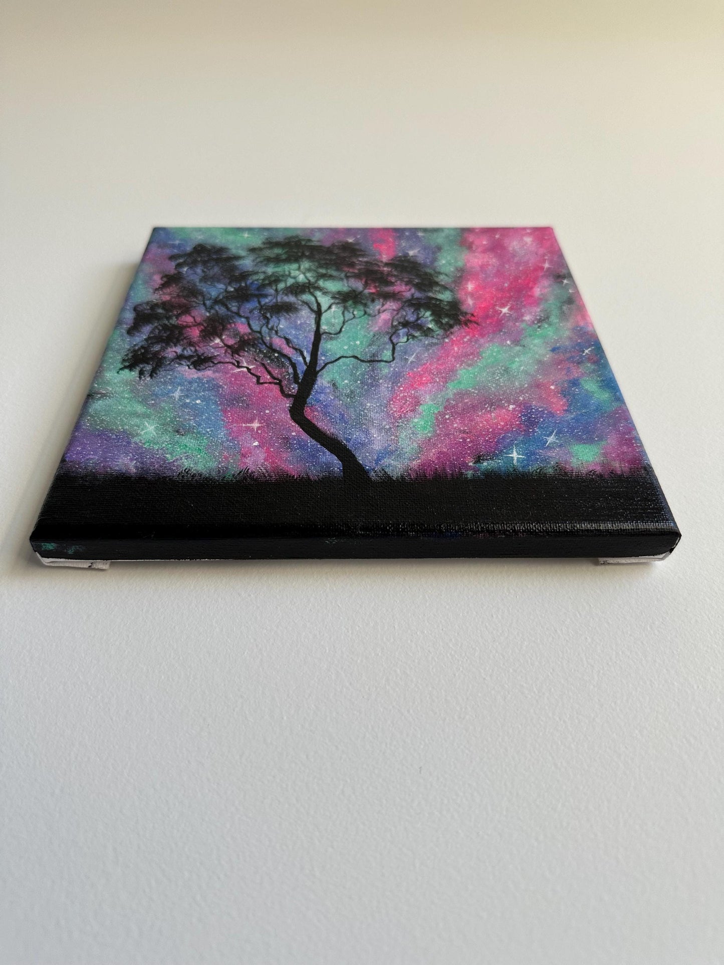 Cosmic Galaxy Tree Painting: 8" x 8" Original Acrylic Art