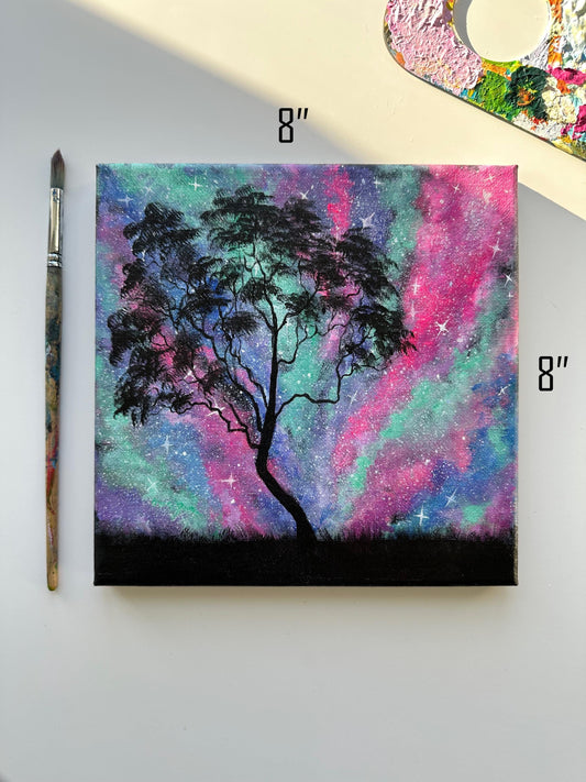 Cosmic Galaxy Tree Painting: 8" x 8" Original Acrylic Art