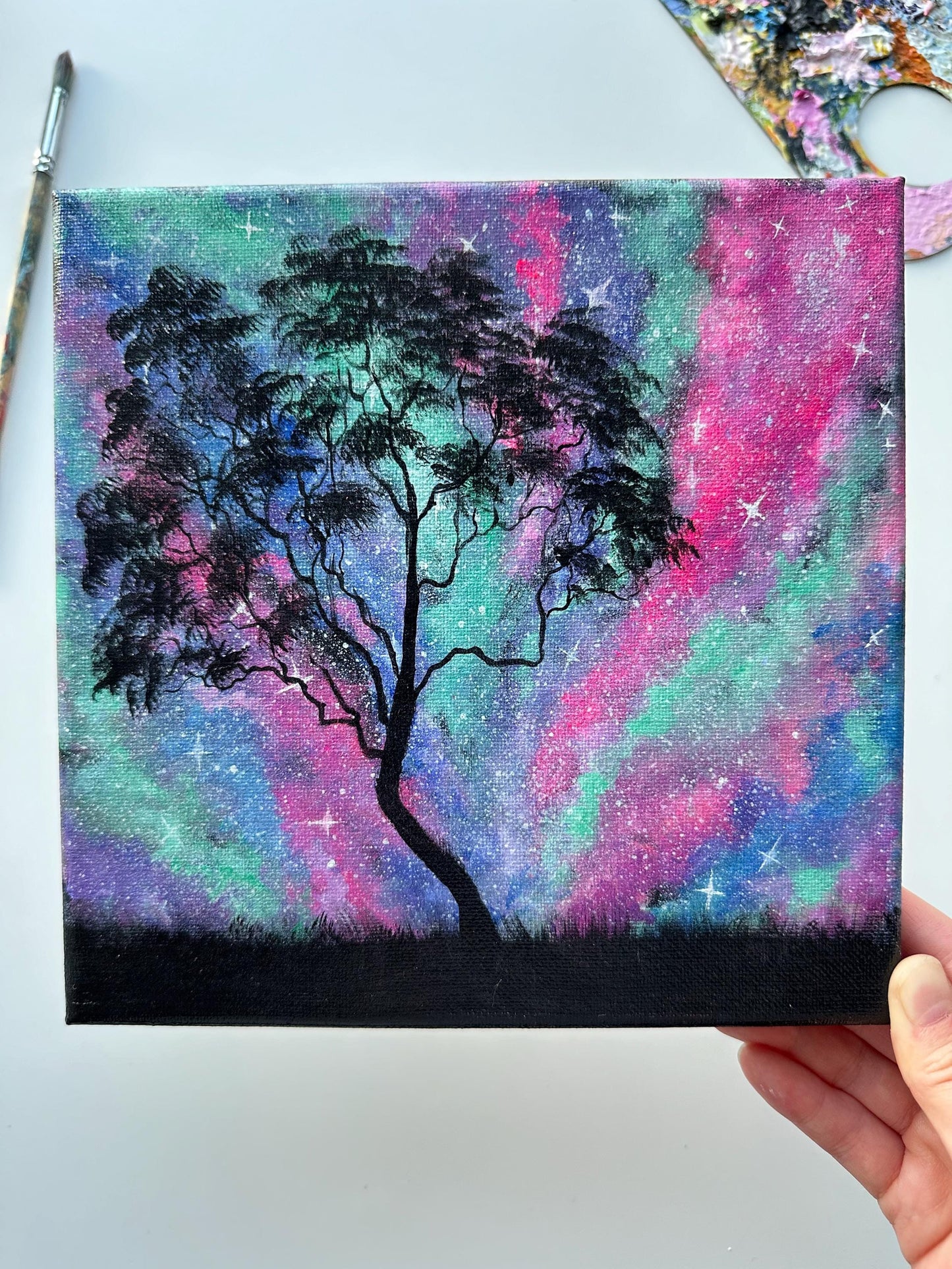 Cosmic Galaxy Tree Painting: 8" x 8" Original Acrylic Art