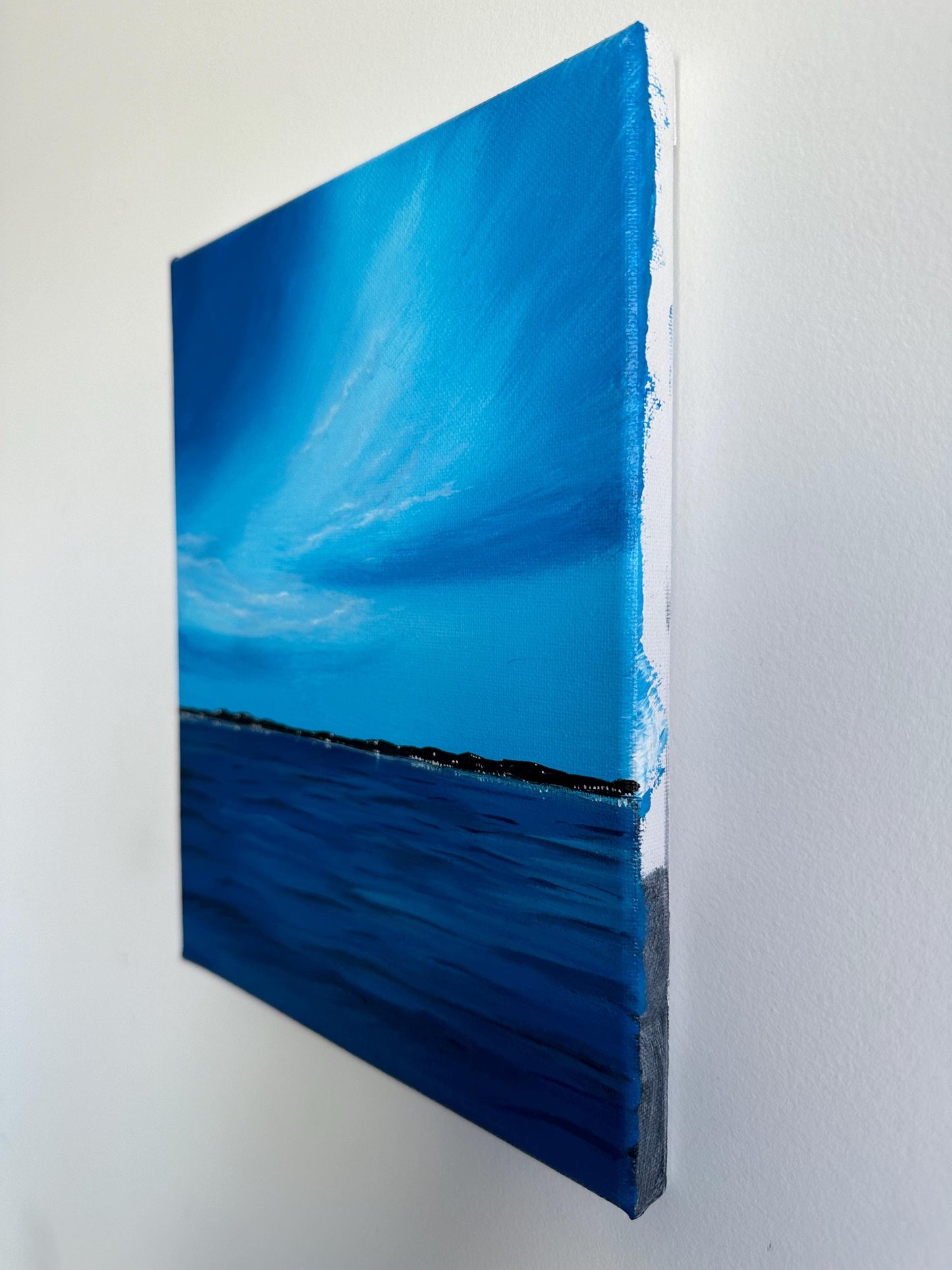 Original Blue Ocean Horizon Acrylic Painting: Minimalist Seascape (8x10)