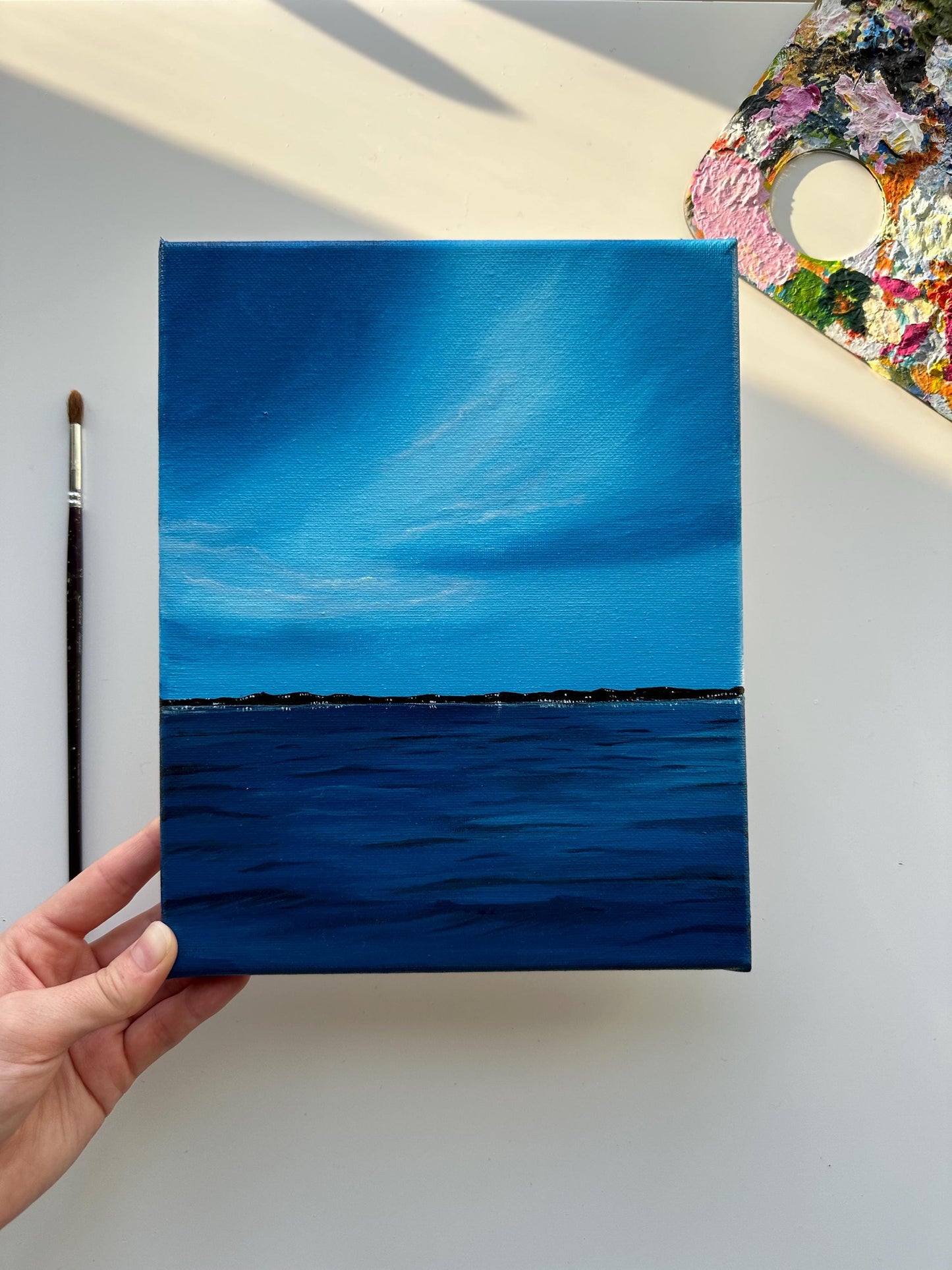 Original Blue Ocean Horizon Acrylic Painting: Minimalist Seascape (8x10)
