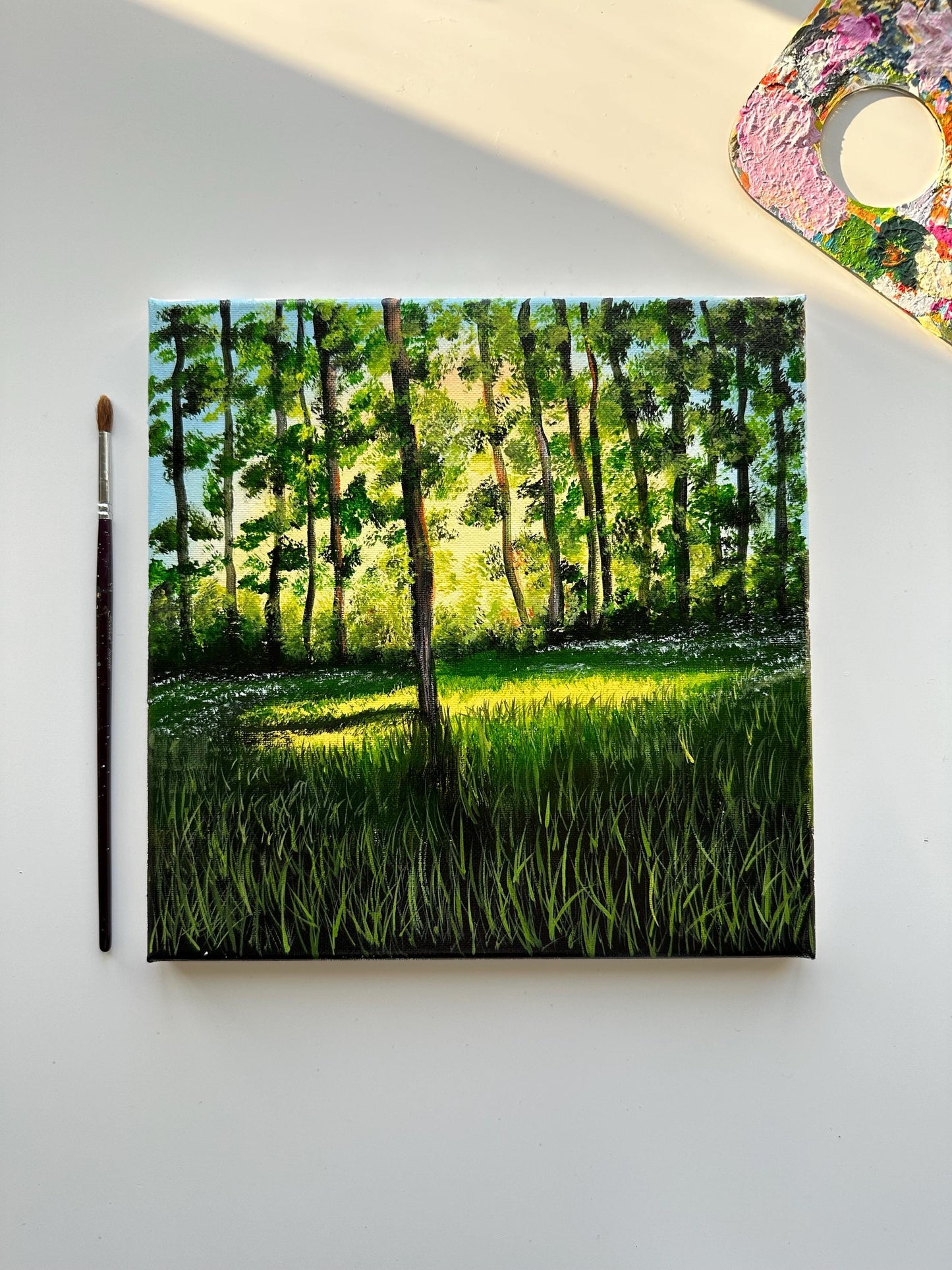 10" x 10" Original Acrylic Painting on Canvas: Serene Forest Glow | Landscape Nature Artwork