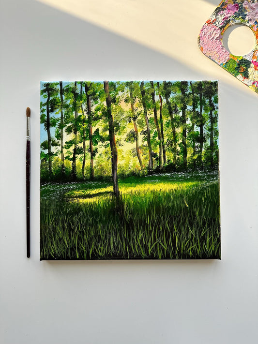 10" x 10" Original Acrylic Painting on Canvas: Serene Forest Glow | Landscape Nature Artwork