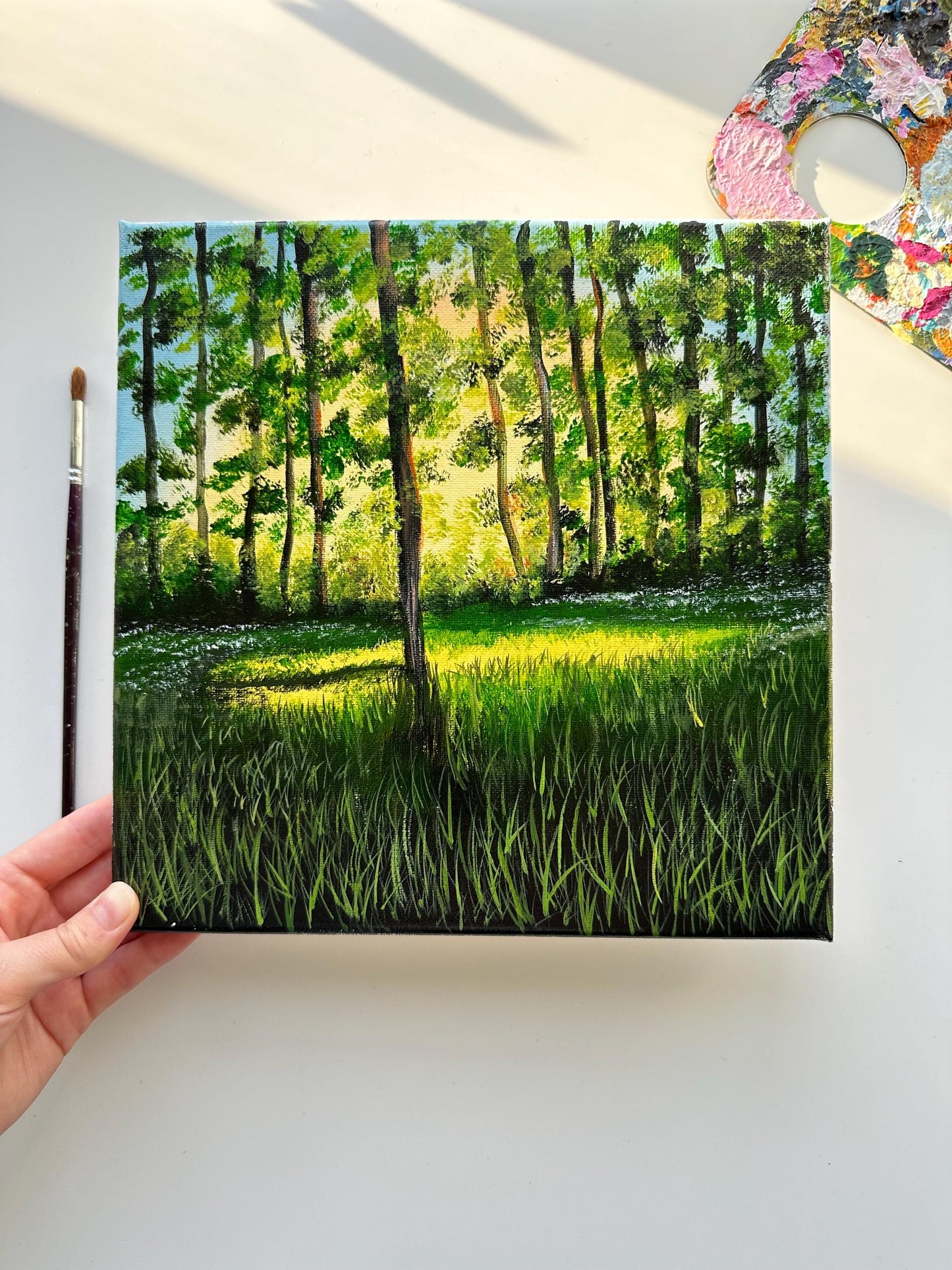 10" x 10" Original Acrylic Painting on Canvas: Serene Forest Glow | Landscape Nature Artwork