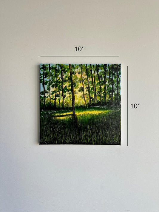 10" x 10" Original Acrylic Painting on Canvas: Serene Forest Glow | Landscape Nature Artwork