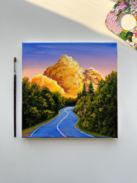 Golden Clouds Landscape Painting: Original Acrylic Artwork (10x10)