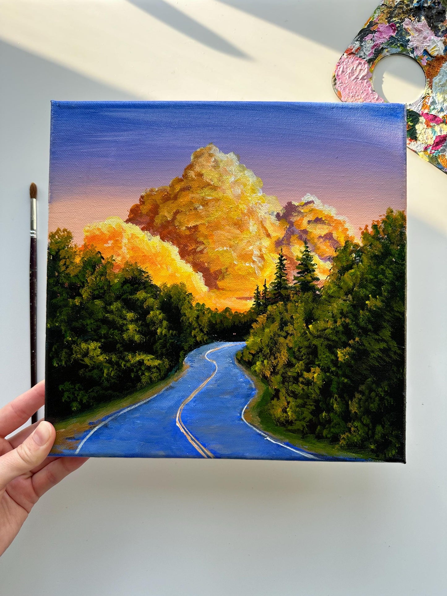 Golden Clouds Landscape Painting: Original Acrylic Artwork (10x10)