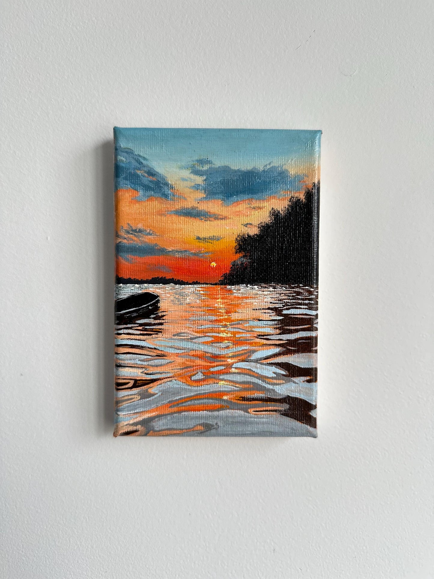 Original River Sunset Acrylic Painting: Golden Reflections (3x5 Canvas)