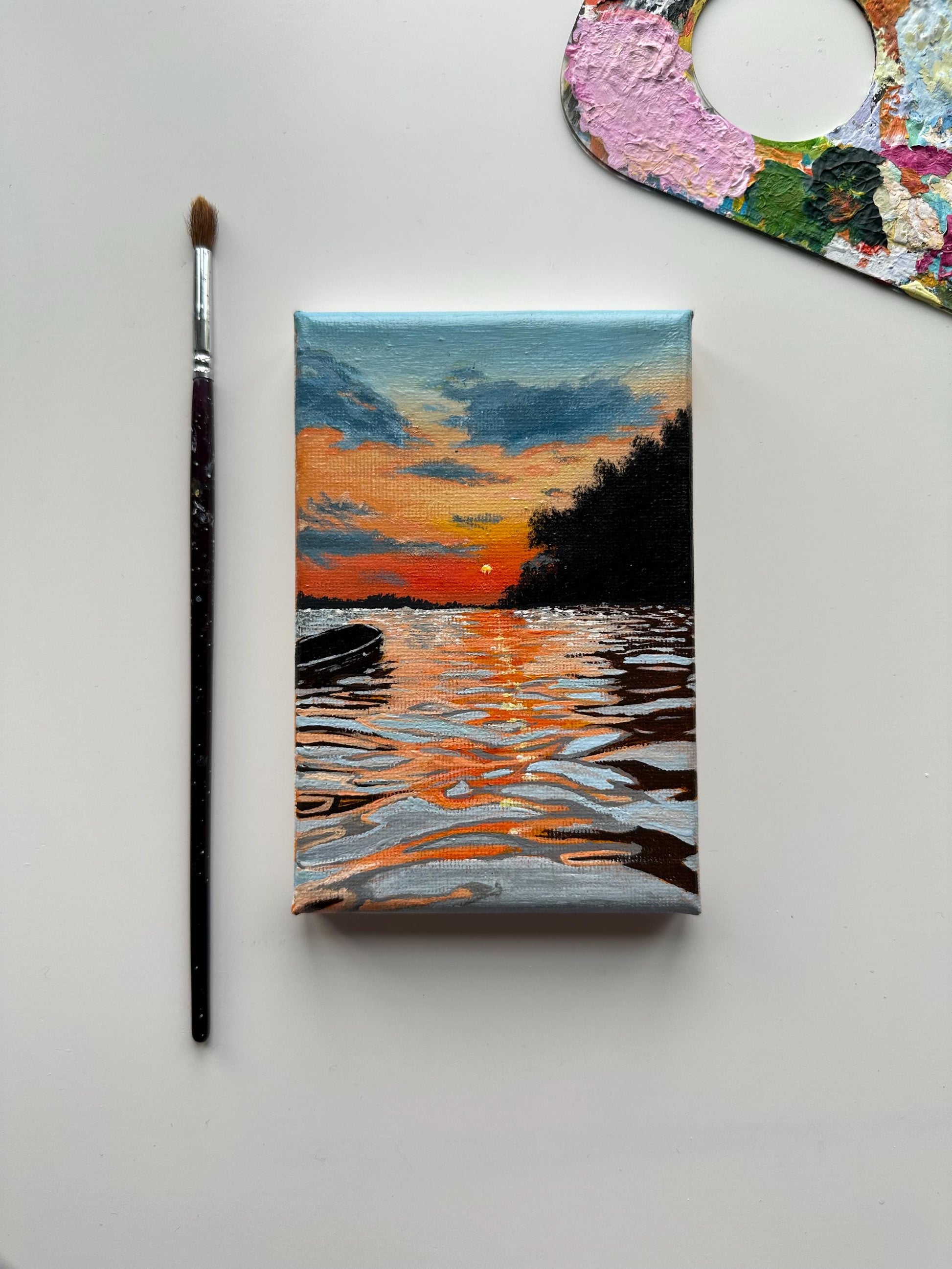 Mini acrylic painting on stretched canvas. Vibrant colors painting on high quality canvas. Seascape for ocean waveslovers. Sailboat on ocean painting