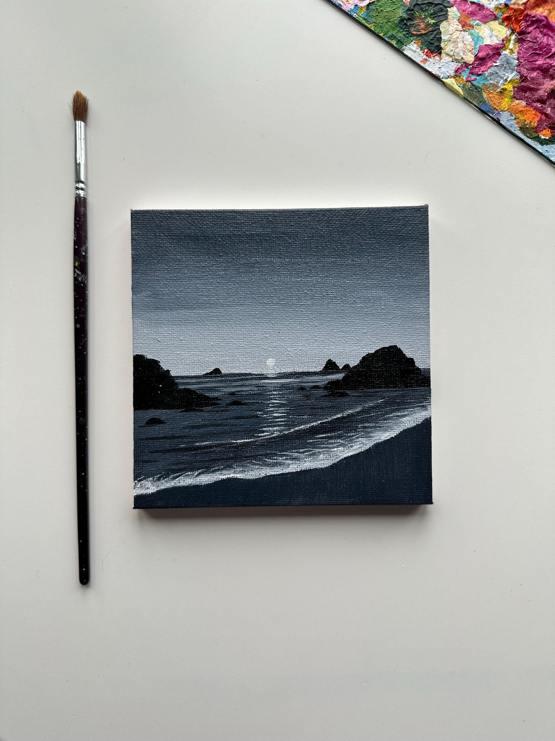 High quality acrylic paints on stretched canvas. Black and white sunset seascape painting
Home decor for landscape lovers. Nature beauty serene art on canvas. Mountains and sea waves painting