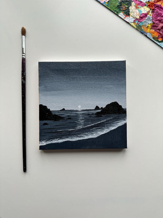 High quality acrylic paints on stretched canvas. Black and white sunset seascape painting
Home decor for landscape lovers. Nature beauty serene art on canvas. Mountains and sea waves painting