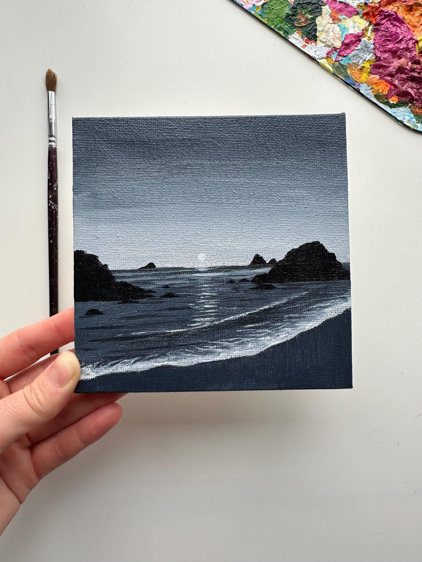 Hand-Painted Ocean Sunset: Payne's Gray Acrylic Seascape (3"x5")