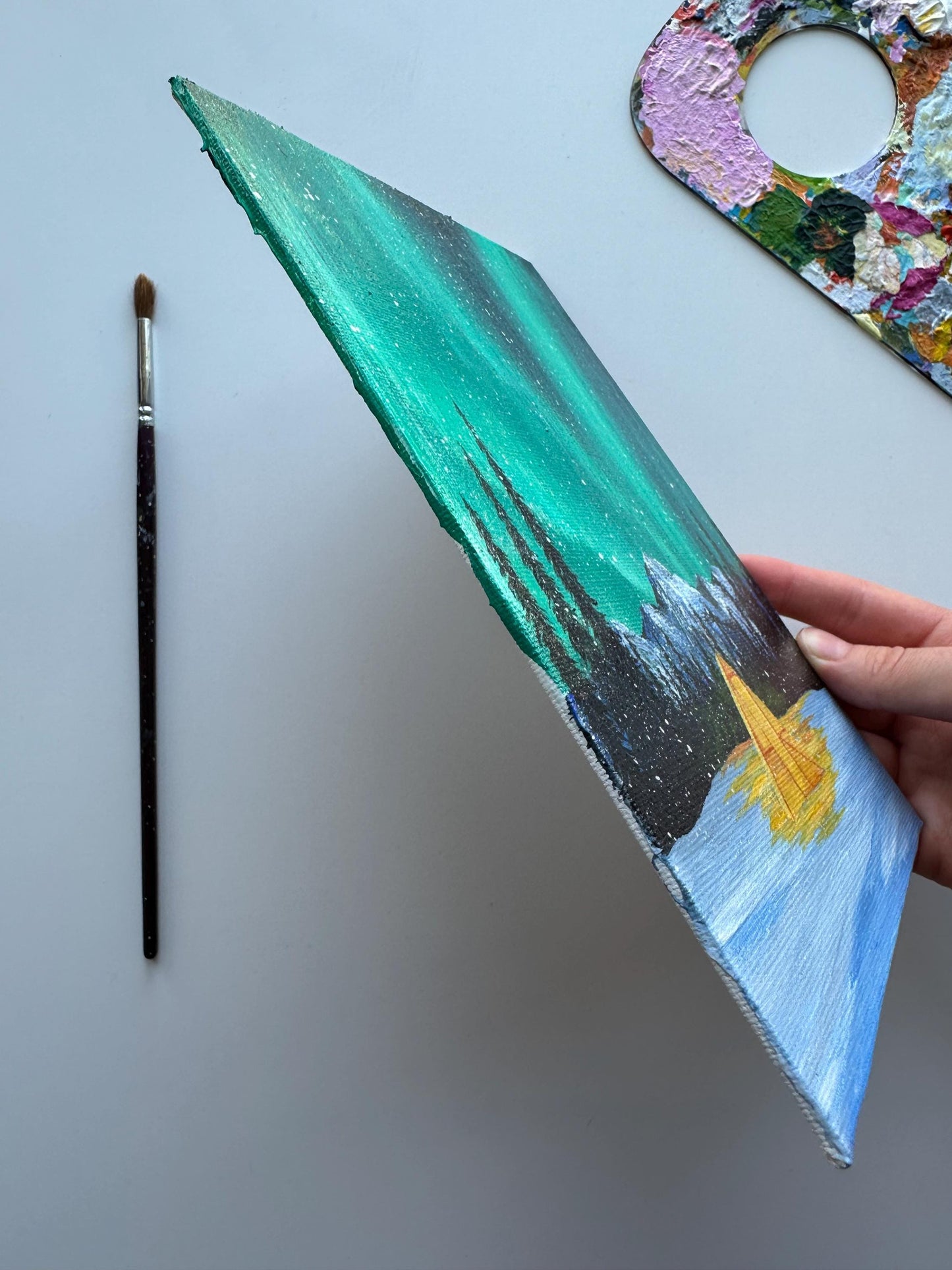 Hand-Painted Aurora Borealis Camping Scene | 5”x7” Original Canvas Art | Northern Lights Landscape