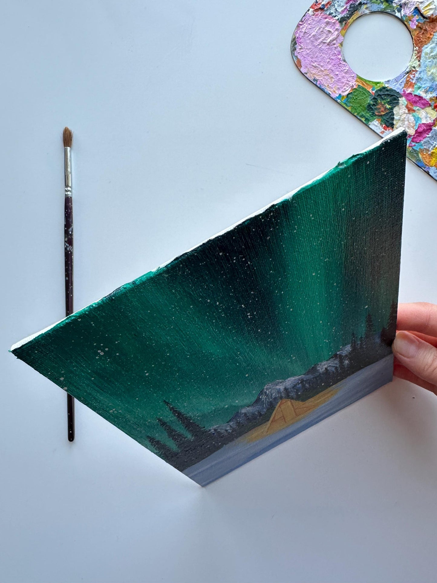 Hand-Painted Aurora Borealis Camping Scene | 5”x7” Original Canvas Art | Northern Lights Landscape