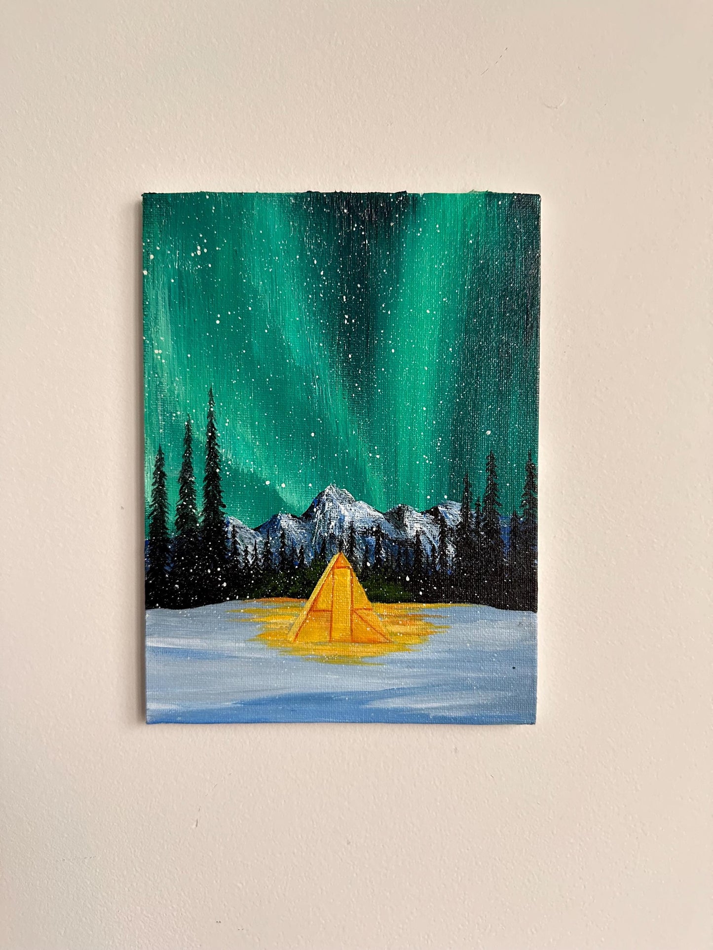 Hand-Painted Aurora Borealis Camping Scene | 5”x7” Original Canvas Art | Northern Lights Landscape