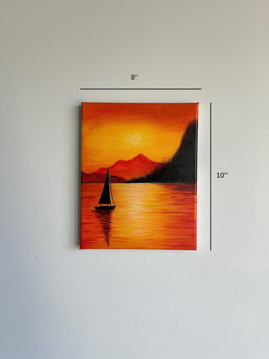Golden Sunset Sailboat Painting: 8x10 Original Acrylic Art