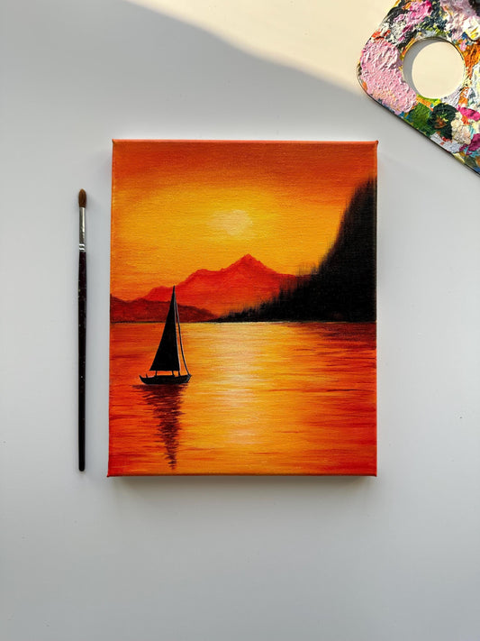 Sailboat on a golden sunset lake. Serene painting with vibrant Orange and yellow acrylic colors