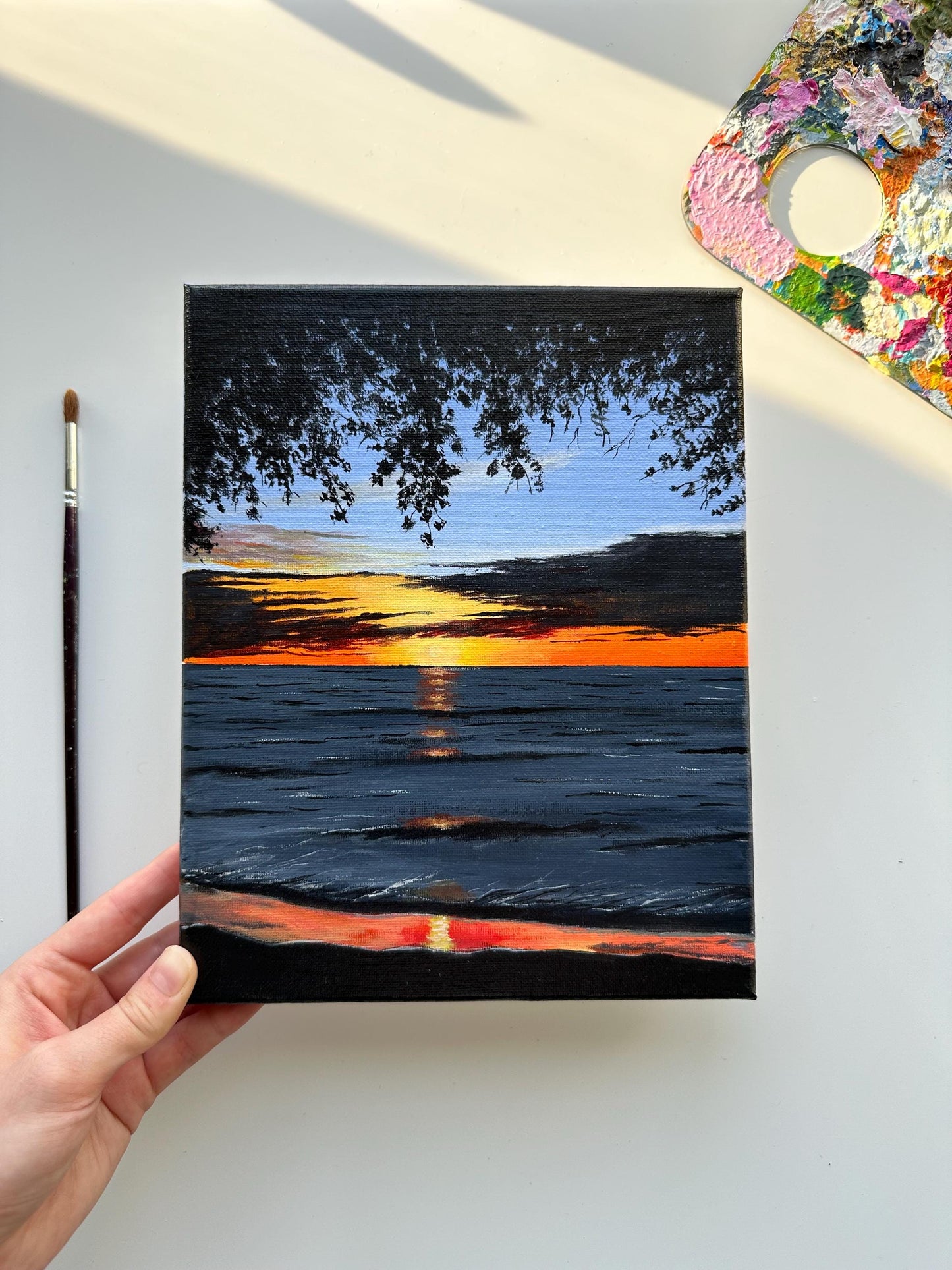 Serene Sunset Ocean Painting: Original Acrylic Art (8x10)