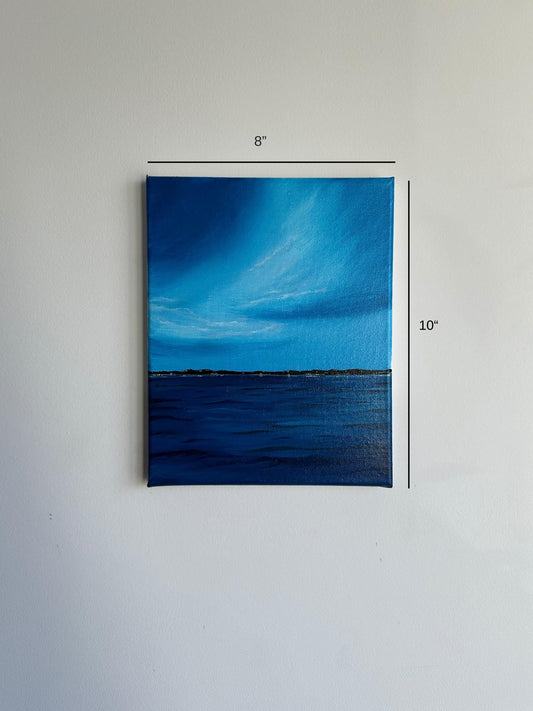Original Blue Ocean Horizon Acrylic Painting: Minimalist Seascape (8x10)