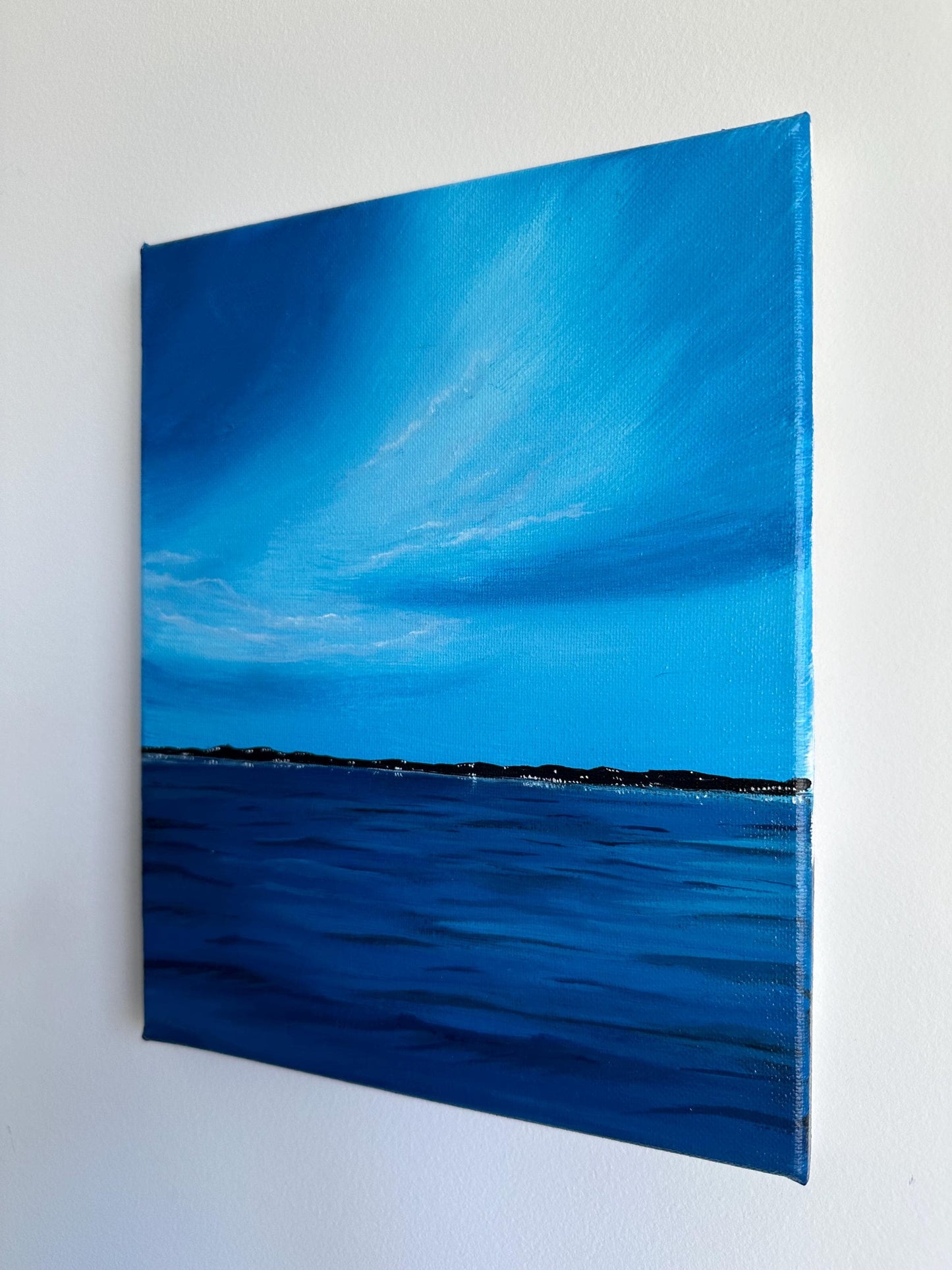 Original Blue Ocean Horizon Acrylic Painting: Minimalist Seascape (8x10)