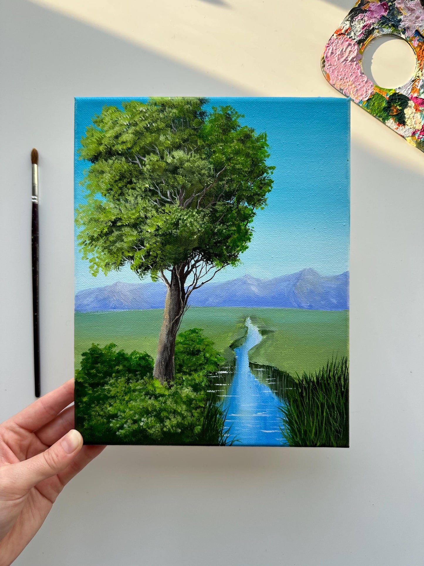 Original Tree and River Landscape Painting: 8x10 Acrylic Nature Art